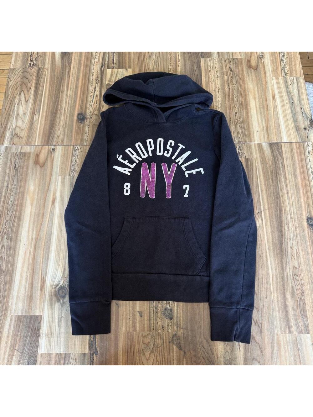 Aeropostale black hoodie with white and purple 'AÉROPOSTALE NY' graphic,
